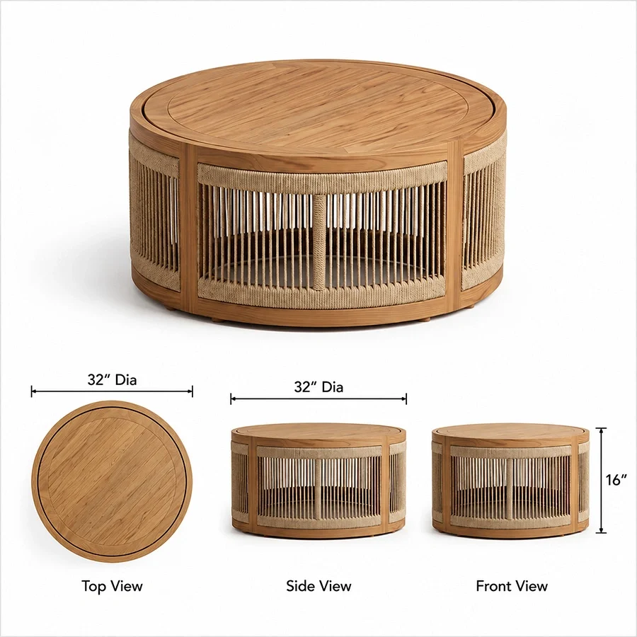Meridian coffee table dimensions, 32 inches diameter and 16 inches high