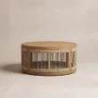 Front view of Meridian round Teak coffee table with woven rope surround