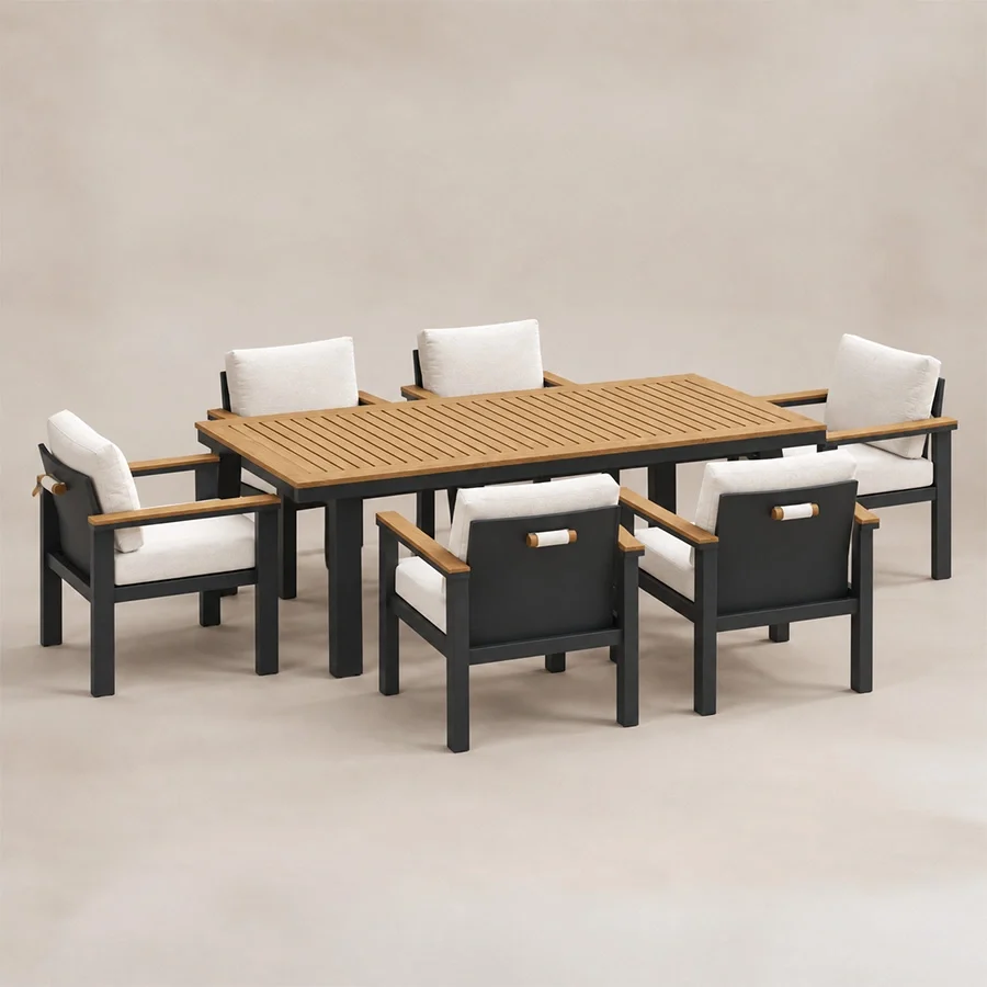 quartz-6-seater-dining-set-angle-view. Quartz six-seater dining set shown from an angled side view