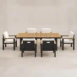Six-seat outdoor dining set with slatted Teak table and cushioned chairs