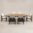 Six-seat outdoor dining set with slatted Teak table and cushioned chairs