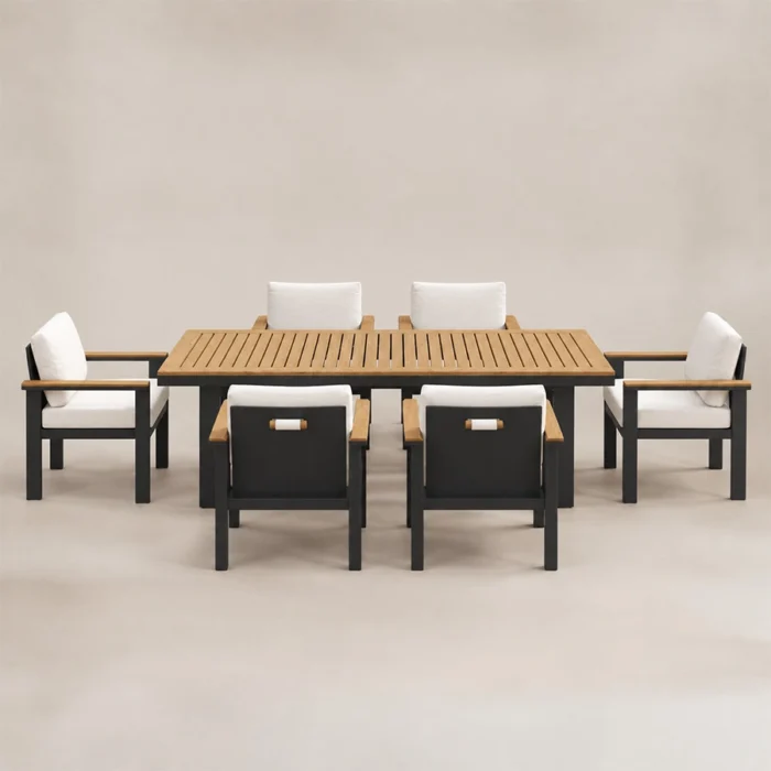 Six-seat outdoor dining set with slatted Teak table and cushioned chairs