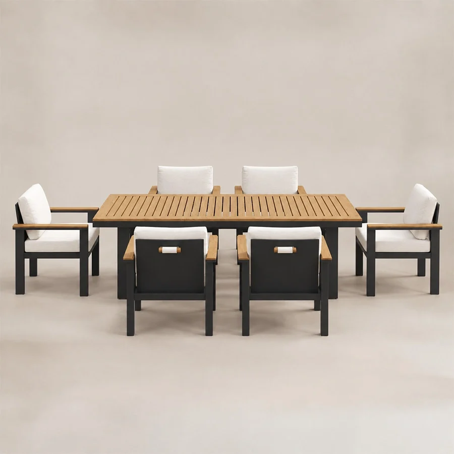 quartz-6-seater-dining-set-front-view. Six-seat outdoor dining set with slatted Teak table and cushioned chairs