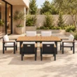Six-seater Quartz dining set arranged on a contemporary outdoor patio