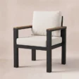 Quartz dining armchair with light cushions and wood armrests, angled view