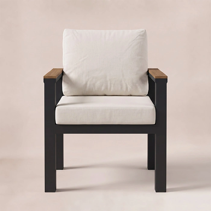 quartz-outdoor-dining-chair-front-view. Cushioned outdoor dining armchair with dark frame and wood armrests, front view