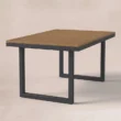 Outdoor dining table with wood-finish top and dark rectangular base