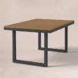 Outdoor dining table with wood-finish top and dark rectangular base