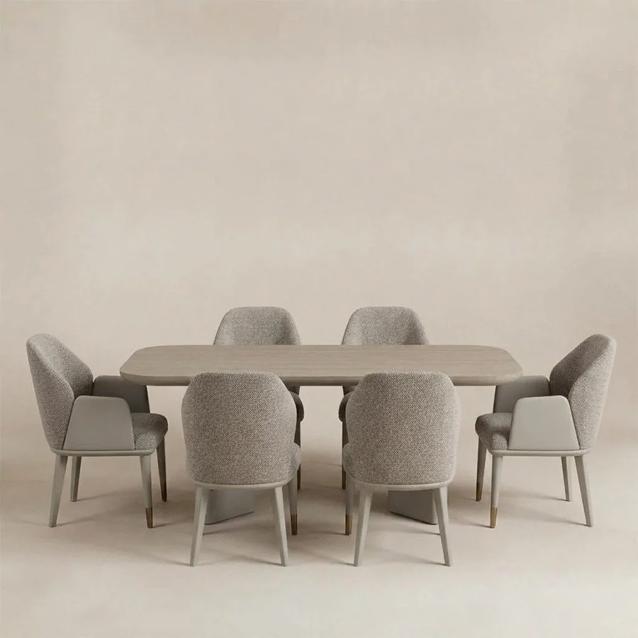 Front view of the SoftPier 6-seater dining set with upholstered chairs