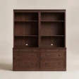 Stalwart Bookshelf Cabinet 70-inch in Brown Wash front view with open shelves and lower drawers
