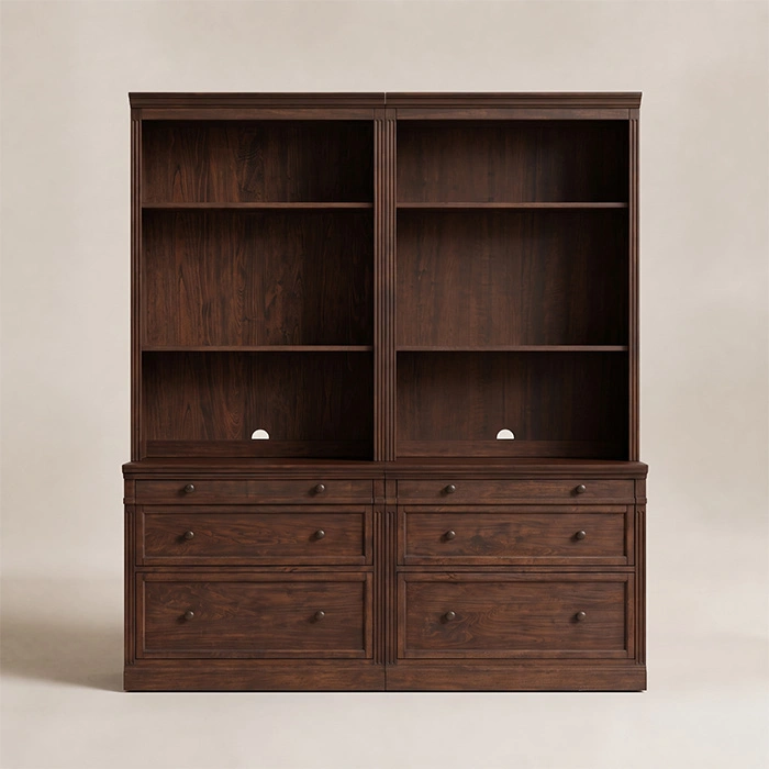 Stalwart Bookshelf Cabinet 70-inch in Brown Wash front view with open shelves and lower drawers