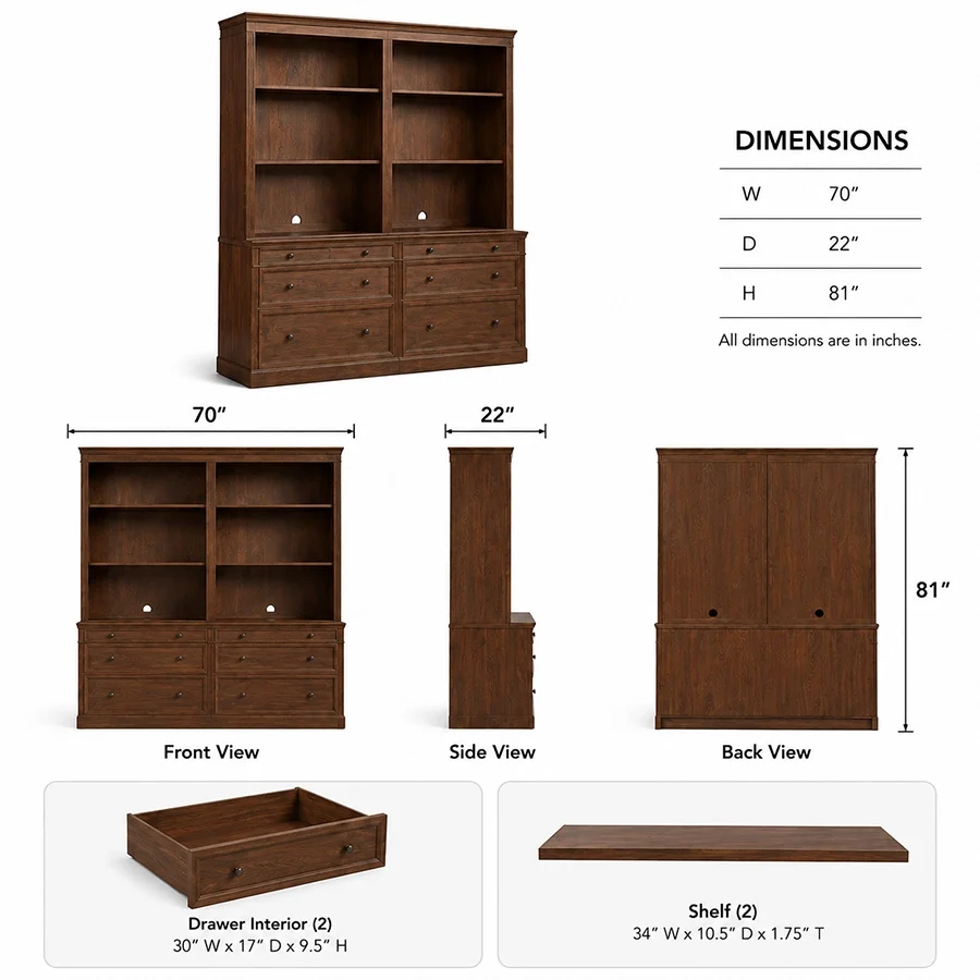 Stalwart Bookshelf Cabinet 70-inch dimensions showing 70-inch width, 22-inch depth and 81-inch height