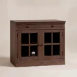 Stalwart Glass Door Cabinet in Brown Wash with top drawer and framed glass doors.