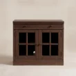 Front view of the Brown Wash cabinet with double glass doors and shallow drawer.
