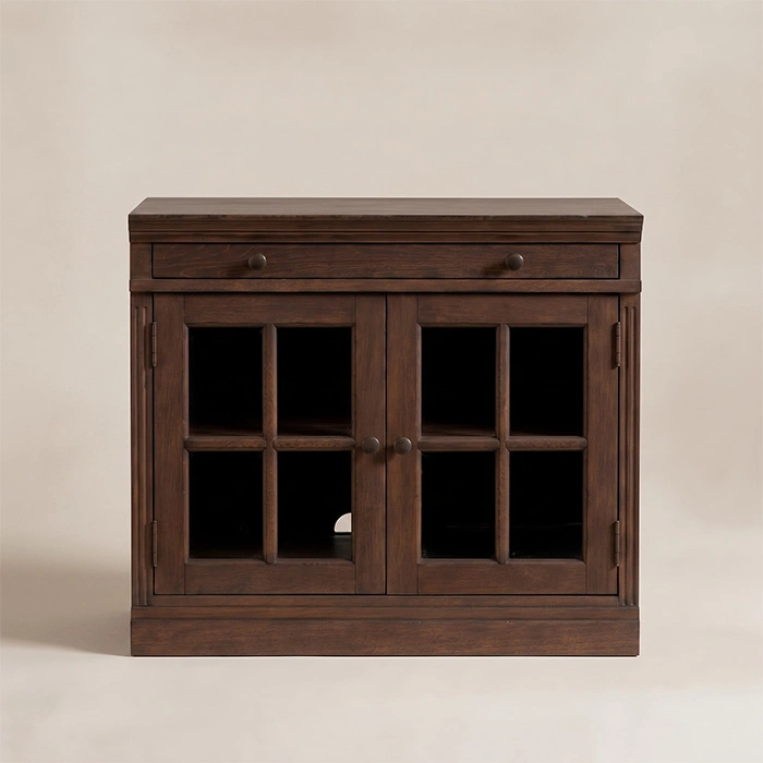Front view of the Brown Wash cabinet with double glass doors and shallow drawer.