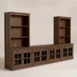 Stalwart Grand Media Console in Brown Wash with glass-front storage and twin display hutches.