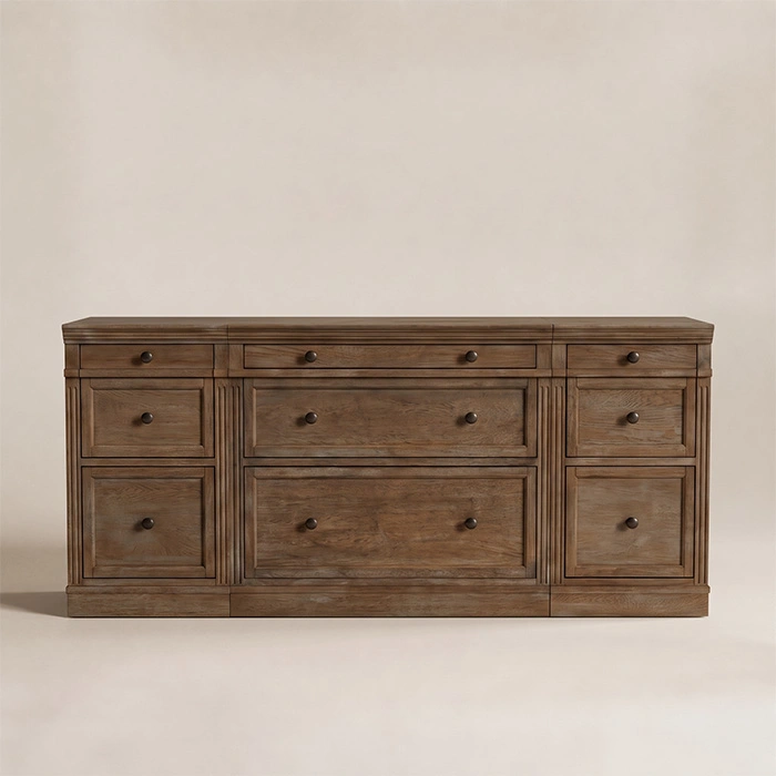 Stalwart Media Console 70-inch in Brown Wash front view with concealed storage