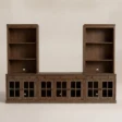 Front view of the Brown Wash media console with twin hutches and glass cabinet doors.