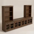 Three-quarter view highlighting the wide console top, open shelving, and glass-front cabinets.