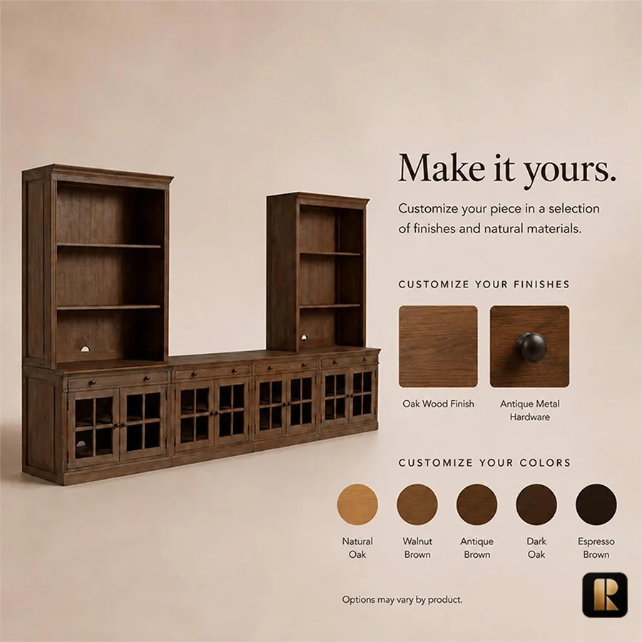 Customization guide showing Oak finish tones and antique-style metal hardware options.