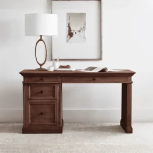 brown writing desk in simple offwhite background