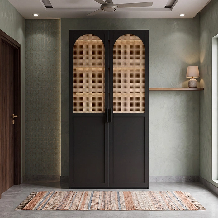 2-door Tressel Cane Wardrobe styled in a contemporary bedroom interior