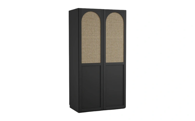 Black cane wardrobe with two arched rattan panel doors, 100cm width, angled front view on white background.