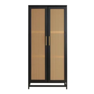 Front view of the Arcane modern black rattan 2-door wardrobe isolated on a white background.
