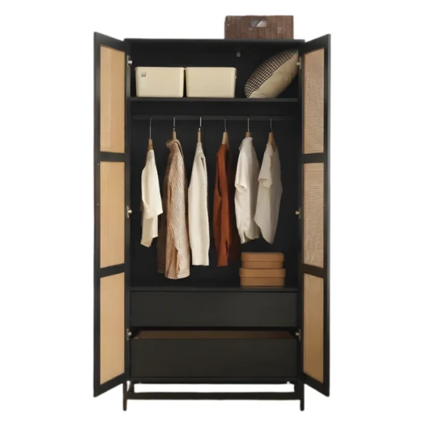 Arcane Wardrobe - Black (4) Open doors of the black rattan wardrobe showing the metal hanging rail and internal shelves.