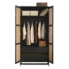 Open doors of the black rattan wardrobe showing the metal hanging rail and internal shelves.