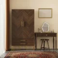 walnut Modern 2-Door Wooden Wardrobe in bedroom setting with dressing table and mirror.