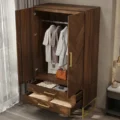 walnut wardrobe open view with hanging rail and two drawers, brass handles, gold base
