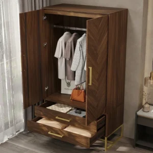 walnut wardrobe open view with hanging rail and two drawers, brass handles, gold base