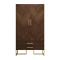 wardrobe front view with walnut herringbone doors, two drawers, brass handles, gold frame