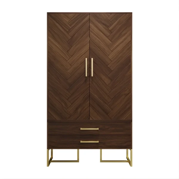 Brunel Wardrobe (3) wardrobe front view with walnut herringbone doors, two drawers, brass handles, gold frame