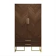 wardrobe front view with walnut herringbone doors, two drawers, brass handles, gold frame