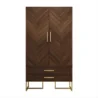 wardrobe front view with walnut herringbone doors, two drawers, brass handles, gold frame