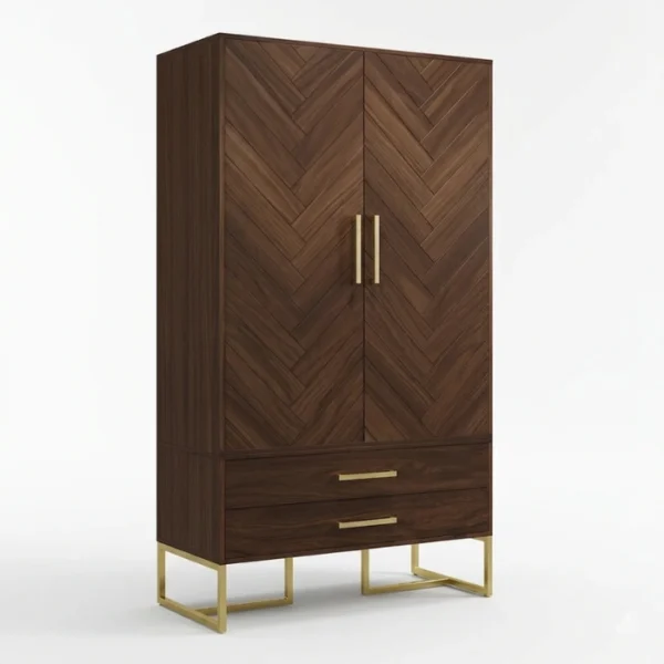 Brunel Wardrobe (4) walnut wardrobe angled view showing herringbone doors, two drawers, brass handles, gold base