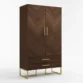 walnut wardrobe angled view showing herringbone doors, two drawers, brass handles, gold base