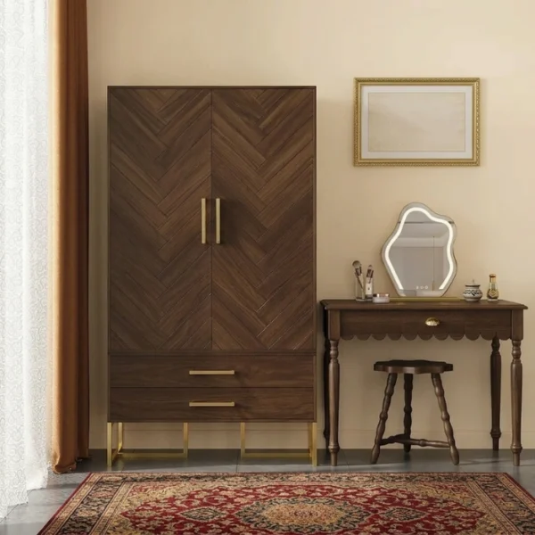 walnut Modern 2-Door Wooden Wardrobe in bedroom setting with dressing table and mirror.