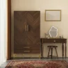 walnut Modern 2-Door Wooden Wardrobe in bedroom setting with dressing table and mirror.