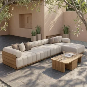 Wicker outdoor sectional with plush beige cushions.