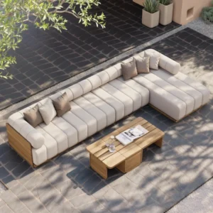 Brown resin wicker modular outdoor sofa in L-shape configuration.