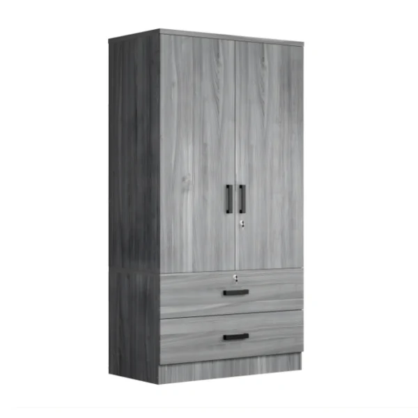 Frost Wardrobe - Grey (2) Angled view of the Frost custom 2 door Almirah showcasing its premium textured MDF doors and sleek contemporary profile.