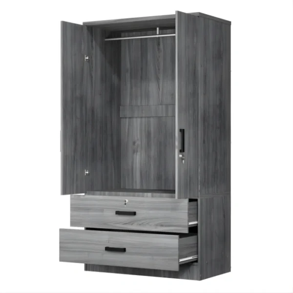 Frost Wardrobe - Grey (3) Open doors of the Frost modern 2 door wardrobe revealing a heavy-duty metal hanging rail and built-in shelving.