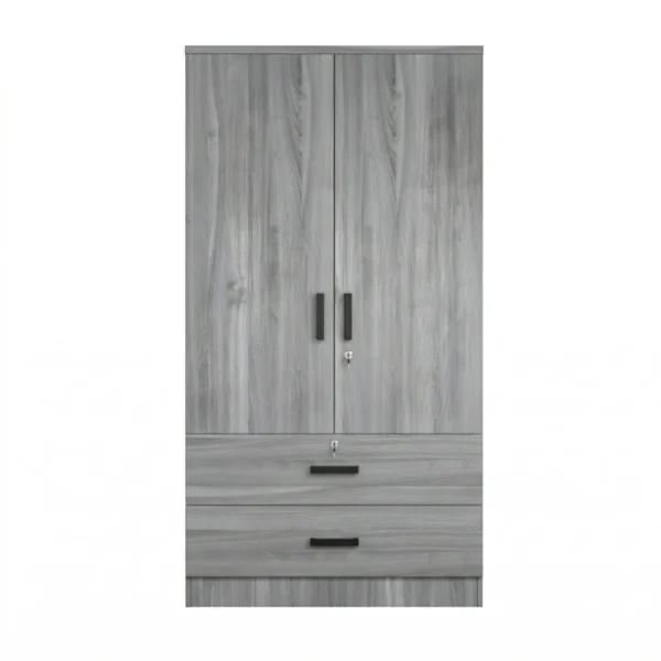 Frost Wardrobe - Grey (4) Front view of the Frost modern 2 door wardrobe featuring a trending fluted design and elongated metal handles.