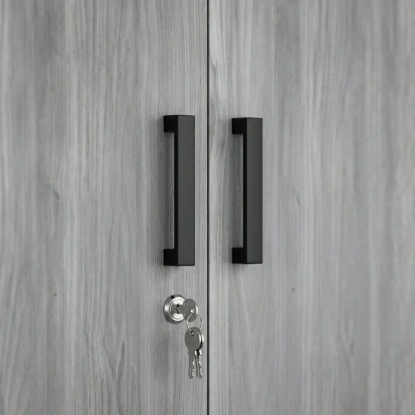 Frost Wardrobe - Grey (5) Detail shot of the minimalist elongated metal handles on the bespoke 2 door bedroom Almirah.
