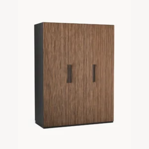 Angled view of the Graino slatted wooden Almirah, showcasing its space-saving vertical design and premium melamine finish.