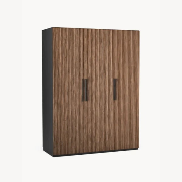 Graino Wardrobe (2) Angled view of the Graino slatted wooden Almirah, showcasing its space-saving vertical design and premium melamine finish.