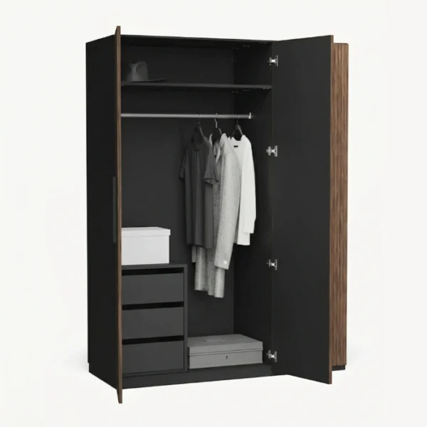 Graino Wardrobe (5) Open view of the luxury fluted Almirah highlighting ample hanging space for coats and dresses.